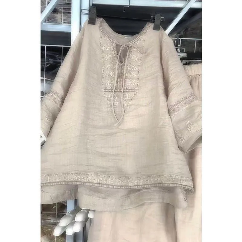 2025 ربيع جديد للمرأة 2 قطعة مجموعة النمط الصيني فضفاض مرونة الخصر واسعة الساقين سراويل تقليدية وبلوزة التطريز الجانبية سبليت #6