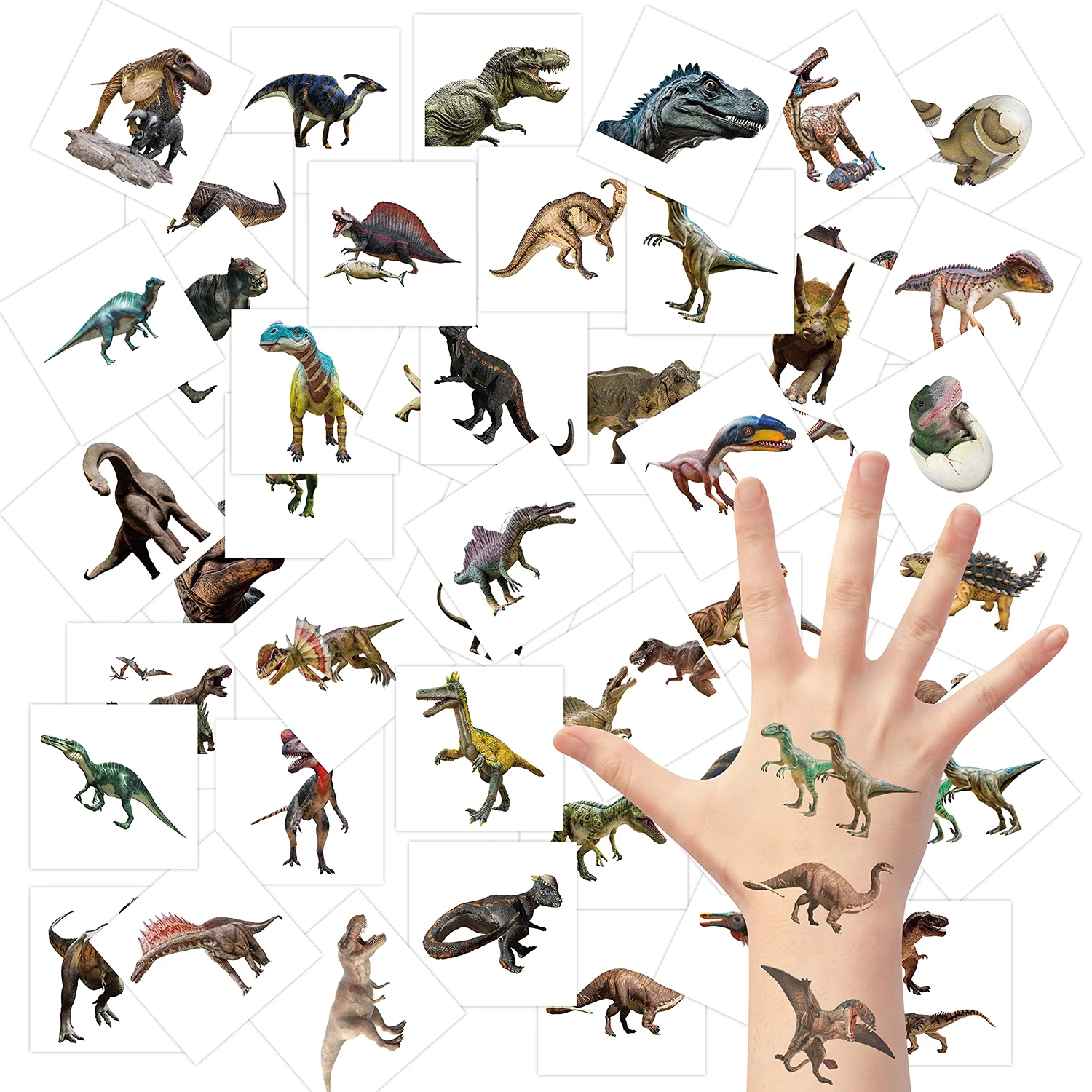 144Pcs Dinosaur Temporary Tattoos 2 Inch Realistic Nature Forest Dinosaur Non-Toxic Tats Waterproof Body Stickers Art Decal Set