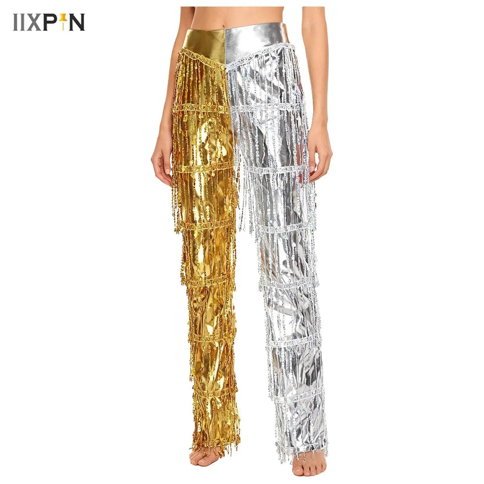 

Womens Latin Chacha Dance Pants Leggings Metallic Shiny Tiered Tassel Skinny Long Pants Ballroom Disco Tango Salsa Dance Costume