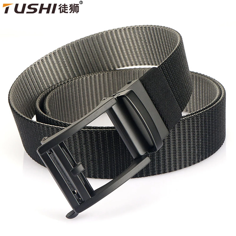 

TUSHI Man's Nylon Belt Luxury Gold Lions Metal Automatic Buckle Canvas Belts for Men Fashion Jeans Waistband Black Male Strap