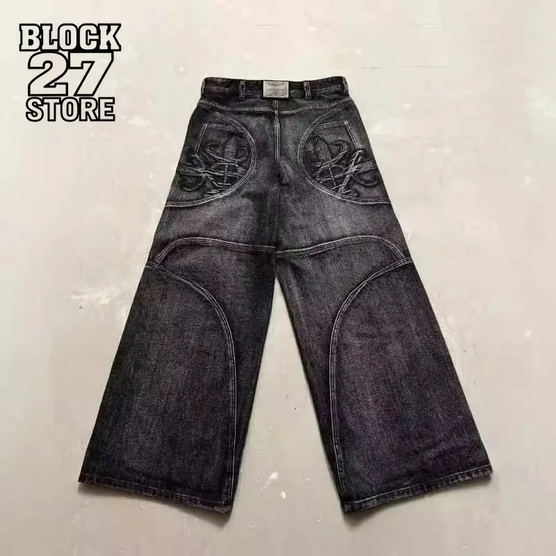 

Мужские джинсы Harajuku, американские винтажные черные, серые прямые джинсовые брюки, облегающие уличные брюки High Street, повседневные модные длинные брюки