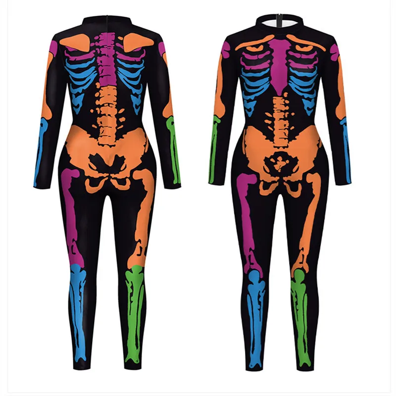 IOOTIANY Fluoreszierender Totenkopf-Overall, 3D-gedrucktes Halloween-Cosplay-Kostüm, sexy Jumpsuit, Bodysuit, Karnevalskleidung für Erwachsene – Detail 5