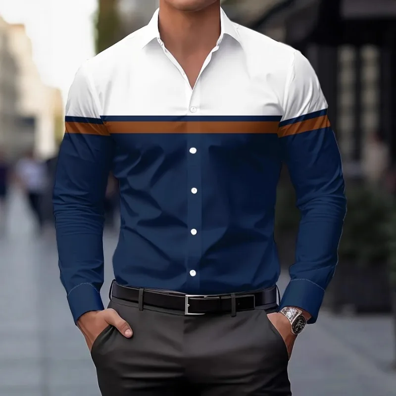 

Мужская повседневная рубашка с длинным рукавом, цветными вставками, приталенного кроя, на пуговицах, для делового стиля