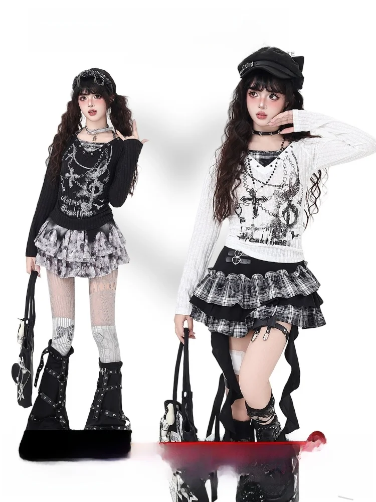 

American Sle Pure Desire Chain Print Knitted Long Sve Slim Fit Top Fake Two-Piece Hanging Ne Long Coat irt for Women