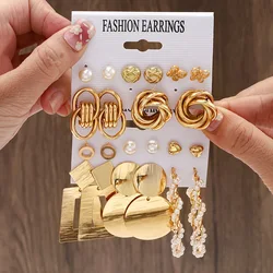 Vintage Twisted Imitation Pearl Hoop Earrings Fashion Geometric Metal Knot Heart Disc Pendant Earrings Set Women's Punk Jewelry
