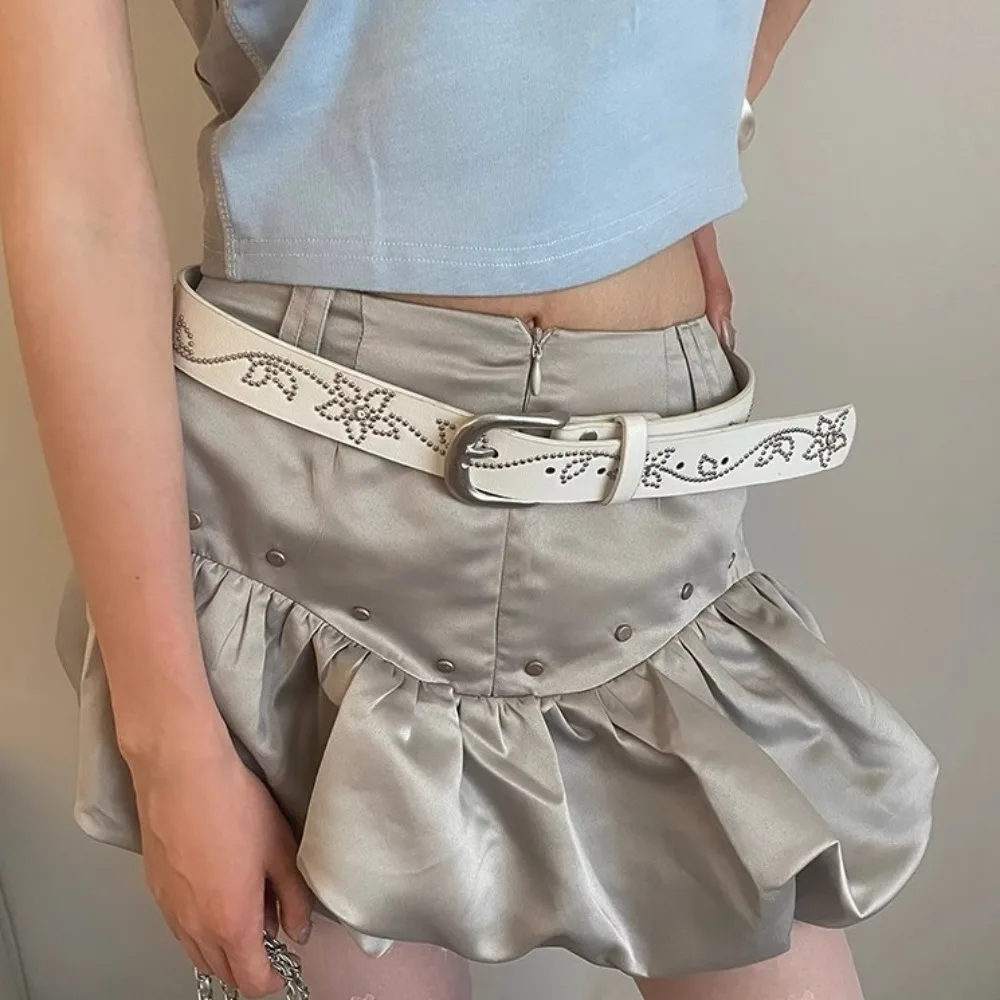 الرجعية زهرة حجر الراين حزام سبيكة Y2K برشام حزام الهيب هوب دبوس مشبك بو الجلود حزام النساء