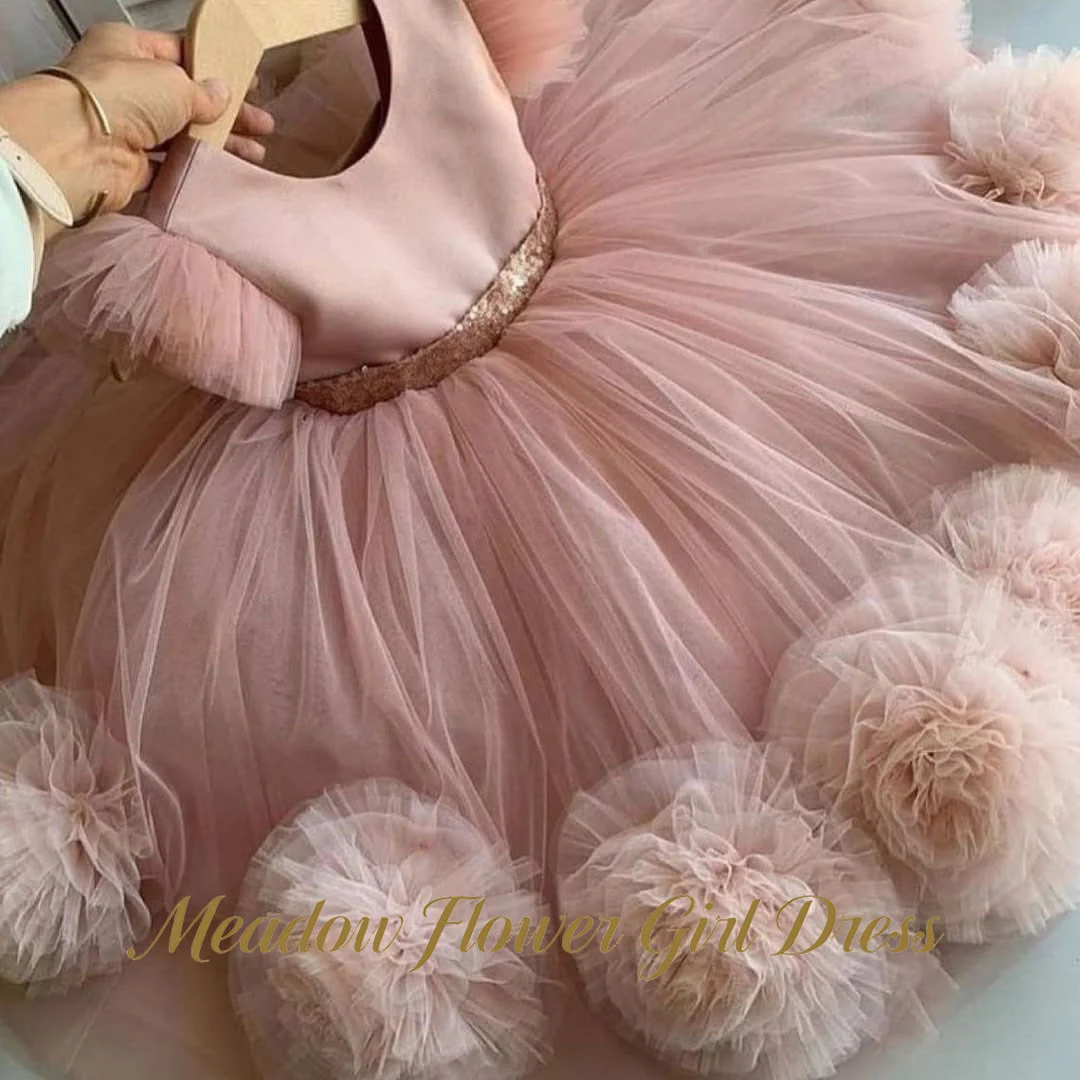 

Meadow Blush Pink O Neck Princess Girls Dress Short Sleeve First Communion Gown Sequin Waistband Children Birthday Wedding Dress
