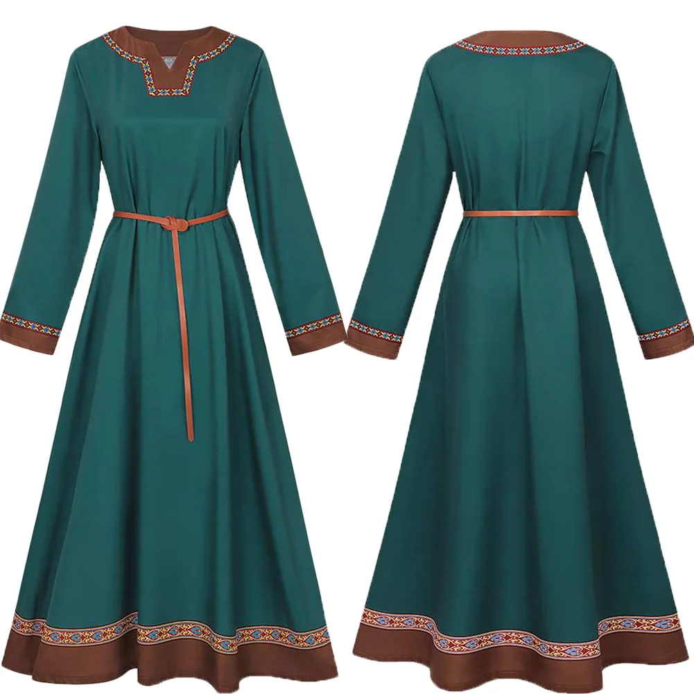 Disfraz Medieval Renacentista Vikingo, Vestido Verde con Falda Larga, Túnica Vintage para Mujer, Ropa para Carnaval, Fiesta, Uniforme