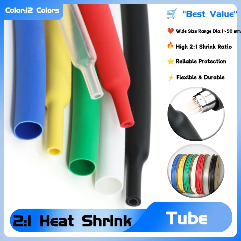 

5 Meter Dia 1 2 3 4 5 6 7 8 9 10 12 14 16 20 25 30 40 50 mm Heat Shrink Tube 2:1 Polyolefin Thermal Cable Sleeve Insulated