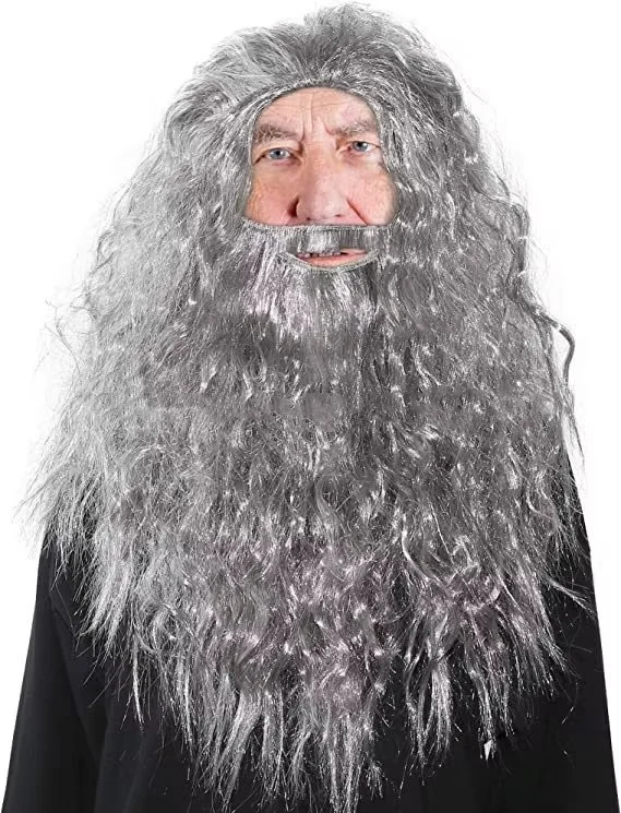 

Beard Set Wizard Costume Halloween Cosplay Hair Long Accessories Party Grey Fake Curly Dress Up Gray Men S Accessory Jesus Judge