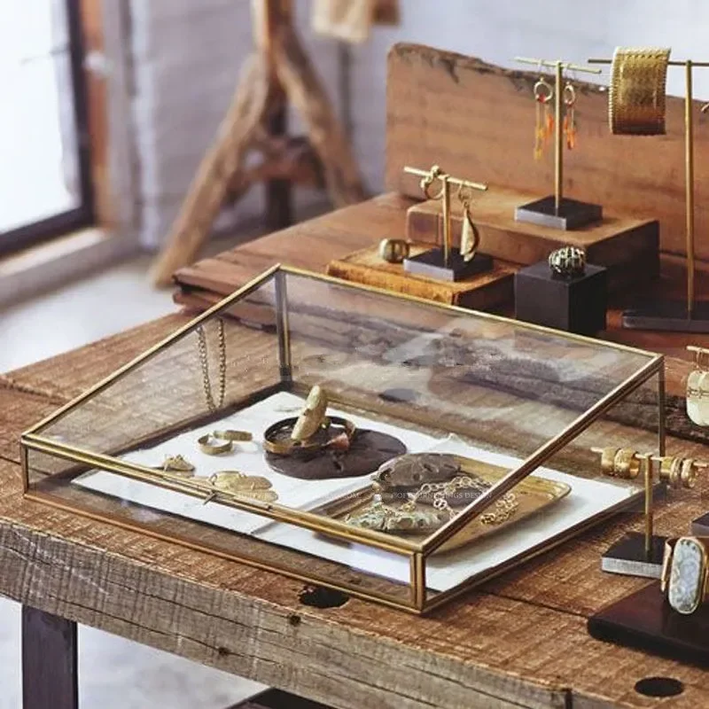 Glass and Brass Jewelry Box, Vintage, Copper-Edged, Transparent Organizer, Storage Case with Lock for Elegant Display