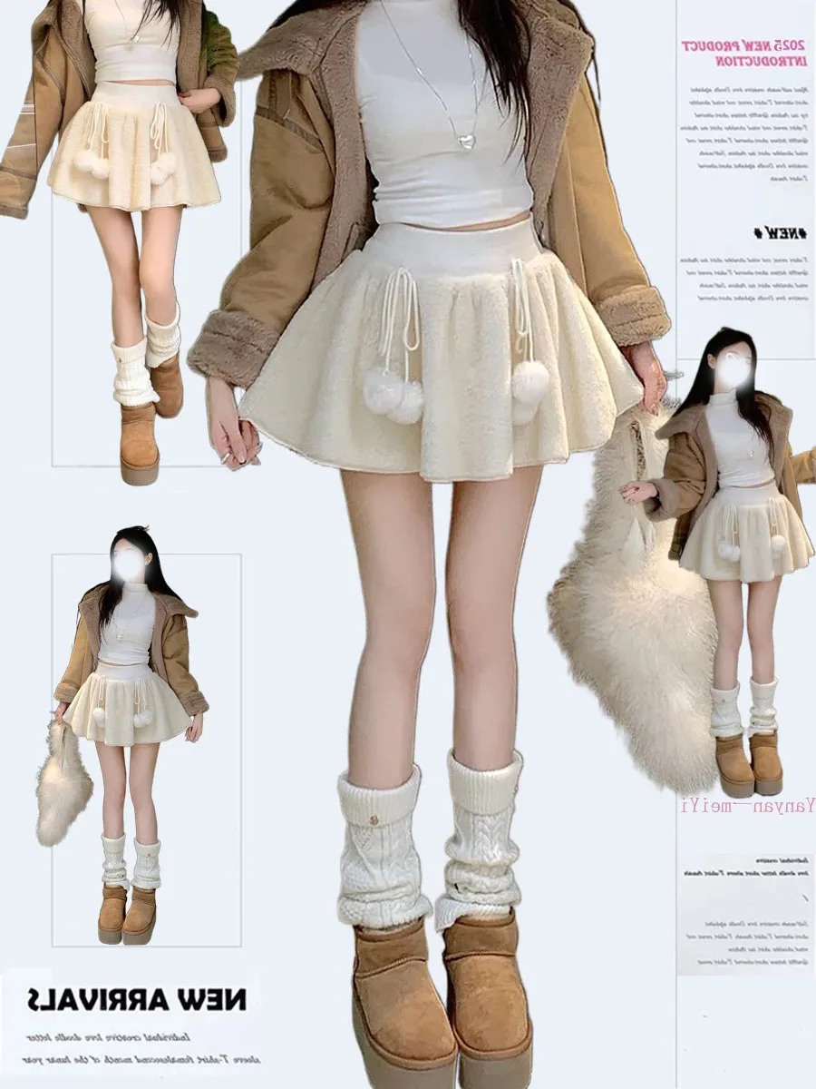 

Ballet Sweet Knot Thiened Plu Surface f Skirt Autumn Winter High Waist A-Line Anti-Light ort Skirt