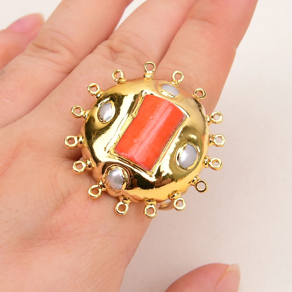 

GG 38mm Big Natural Orange Coral White Keshi Pearl Gold Color Plated Sun Flower Rings Adjustable Lady Jewelry Gifts