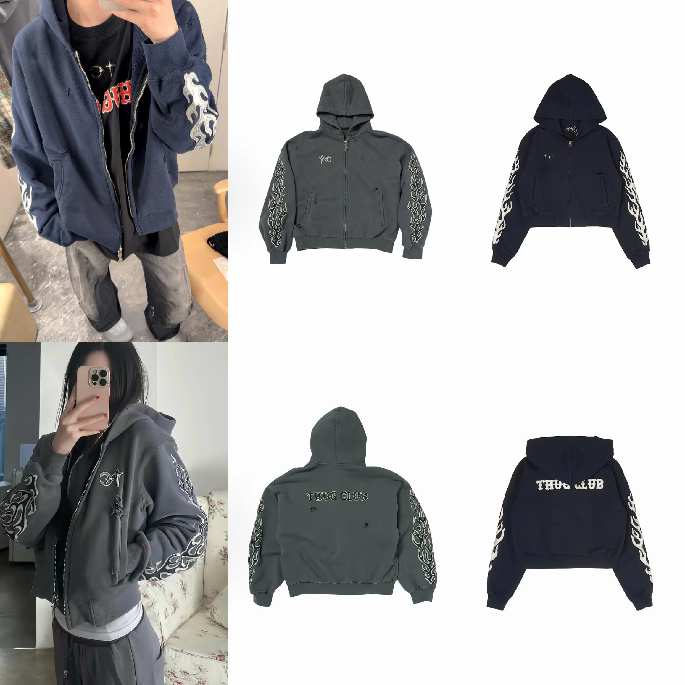 Thug Club Trendy Brand Distressed Zipper Men's Hoodie Jacket Gothic Logo Embroidery Patchwork Burned Flame Casual Streetwear