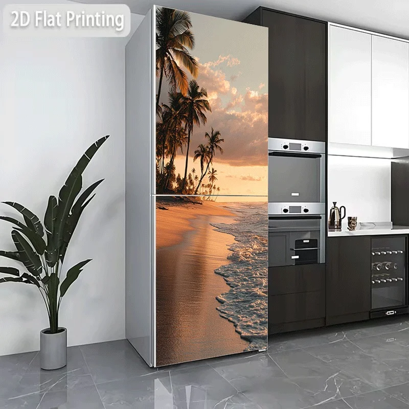 of 2D Pattern Printed Refrigerator Sticker (60X180 Cm) Featuring a Theme Design of Coconut Shadows on The Beach at Sunset, Sel