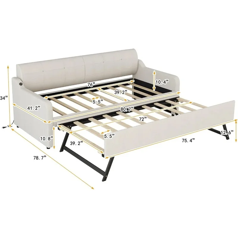 سرير نهاري مزدوج الحجم مع دولاب منبثق، وإطار سرير خشبي منجد مع شحن USB للأطفال