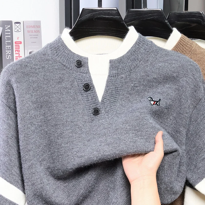 High Quality Men's Autumn Winter Fake Two-Piece Knitted Shirt Round-Neck Dog Embroidery Striped Design Korean Version Men's Wear