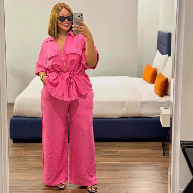 Women's African 2 Piece Set Loose Green Zipper Drawstring Waist Shirt + High Waist Wide Leg Pants Outfits Casual Daily Wear