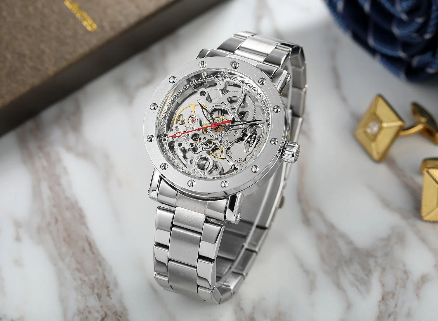 Forsining Top Brand Full Stainless Steel Luxury Golden Hollow Out Transparent Man Big Dial Automatic Mechanical Wrist Watches