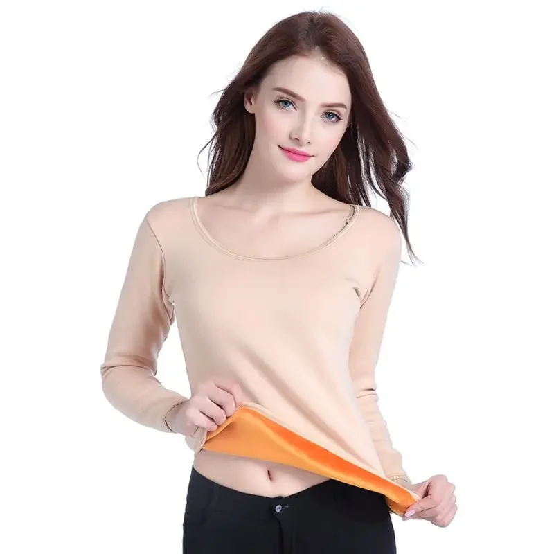 Winter Thicken Thermal Underwear Women Fleece Lined Bottomed Crew Neck Shirt Slim Warm Keep Warm One-piece Velvet Pullover 3xl