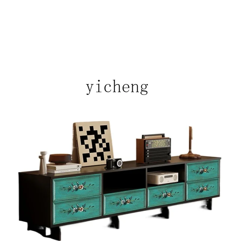 Zc Hand-Painted TV Cabinet Retro Living Room Background Wall Display Cabinet Projection Floor Cabinet