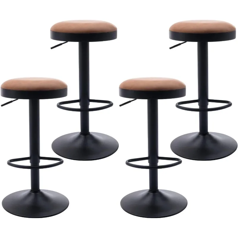 

Modern Swivel Bar Stools Set of 4 Adjustable Counter Height Backless Barstools with Metal Base Leather Upholstered Round