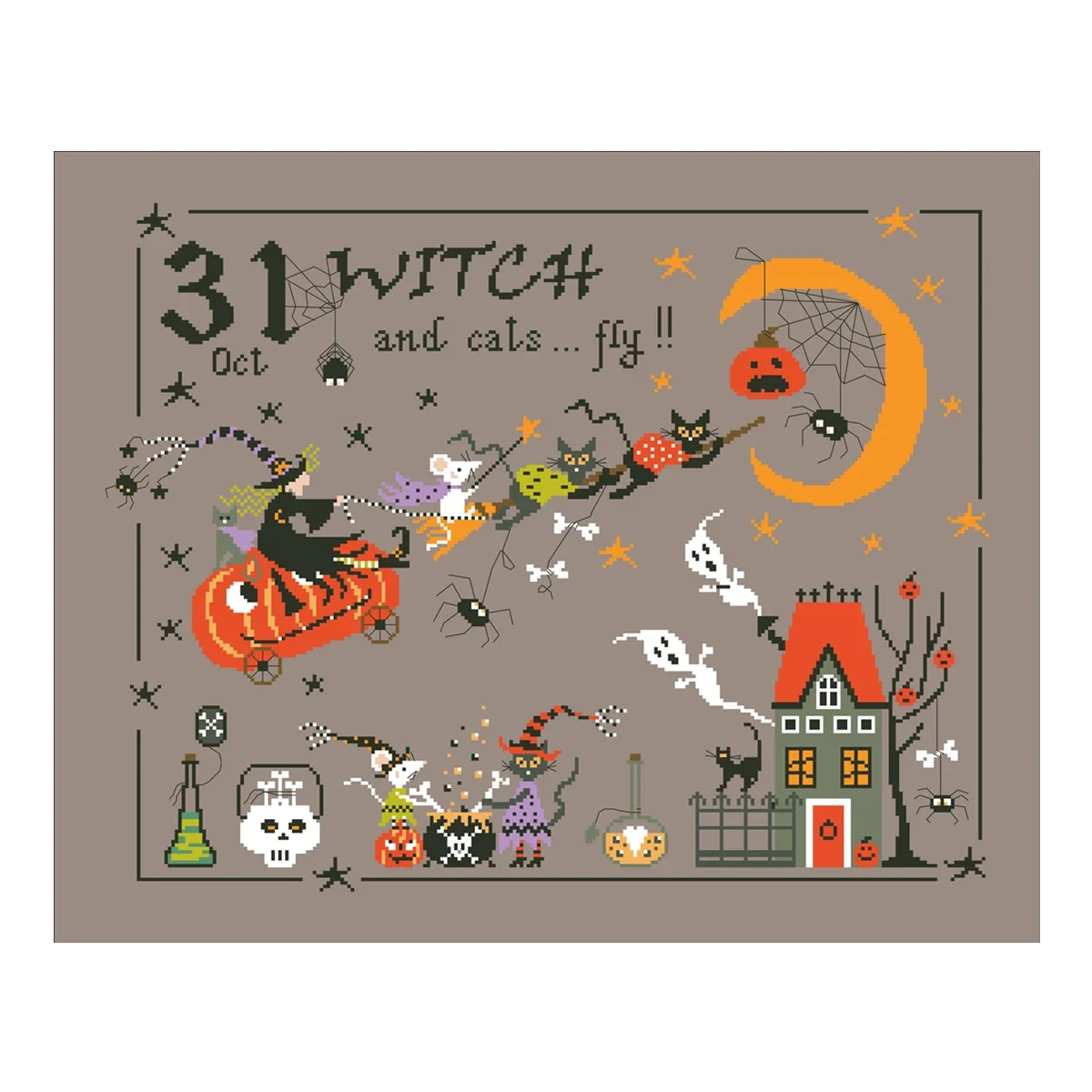 Witch and cats fly cross stitch kit Halloween cartoon 18ct 14ct 11ct coffee canvas stitching embroidery DIY