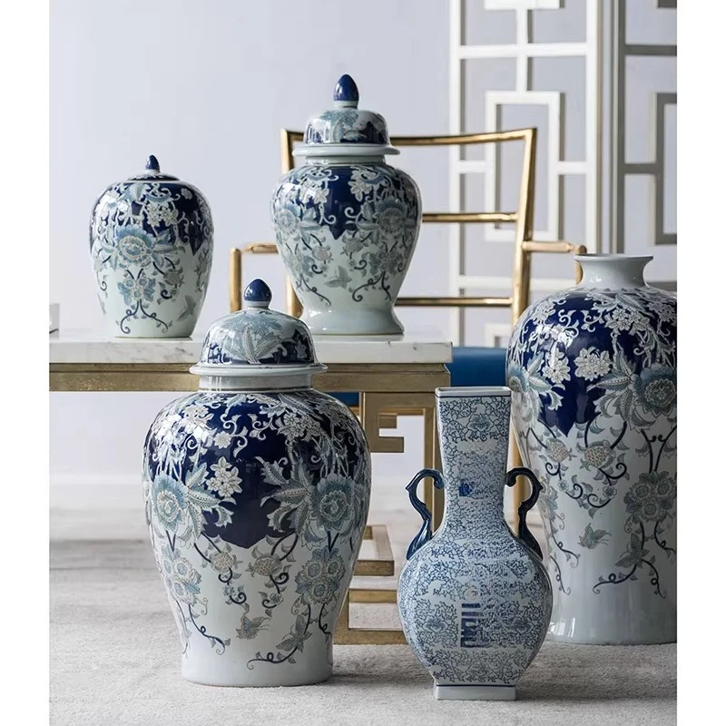 Underglaze hand-painted blue and white porcelain, storage tank new Chinese style, living room entrance model ornament