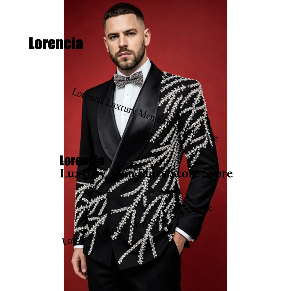 Luxury Gem Men Suit Fashion Sequin Double Breasted Wedding Tuxedo Slim Customized Glitter hombre 2 Pieces Set Groom Male Blazer