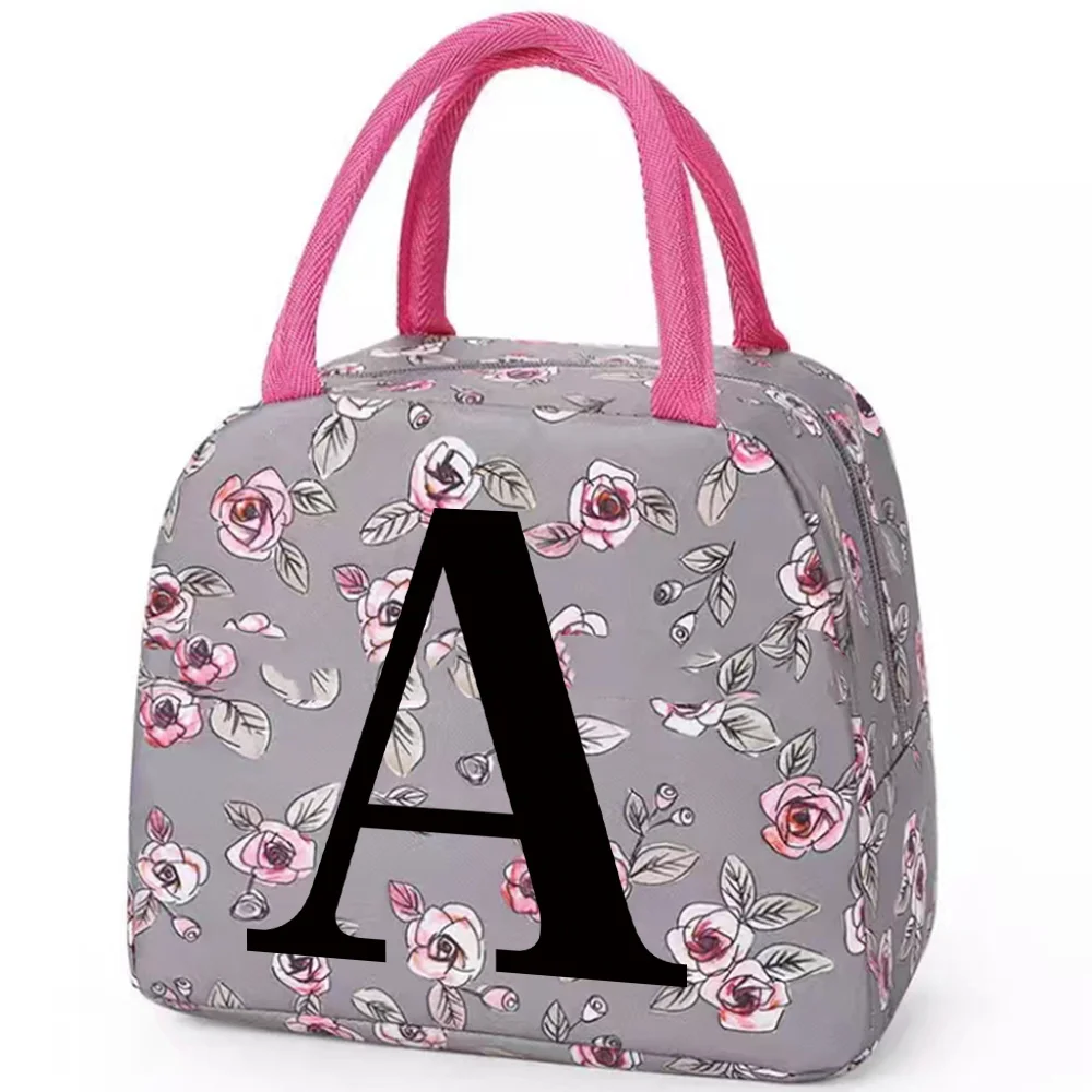 Zipper Lunch Bag for Kids Design Grey Flower Color Lunch Box Microwave Safe Dinner Box Printing Black Letter