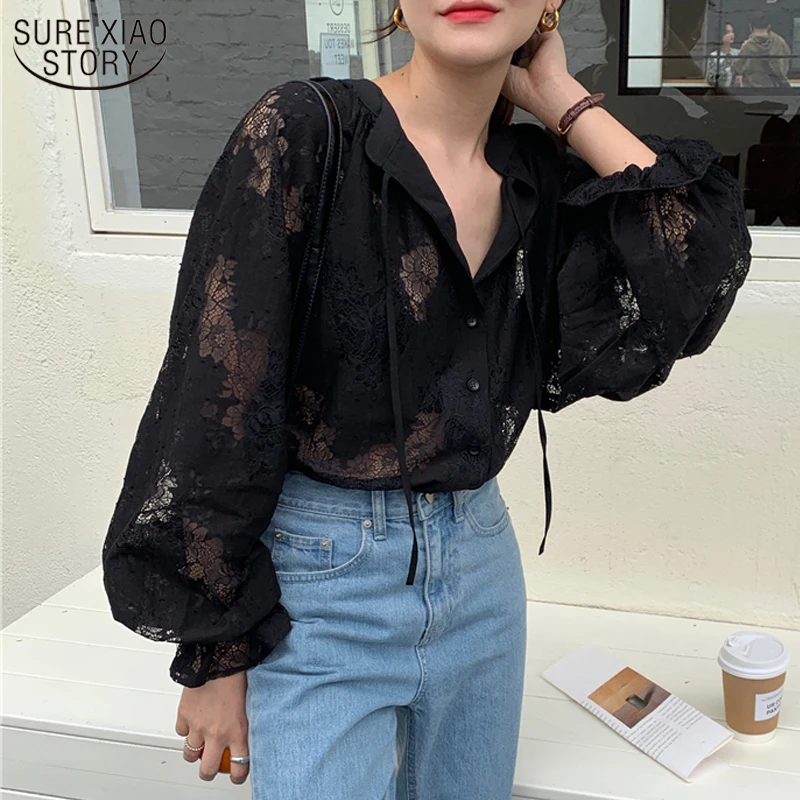 Elegant Hook Hollow Flower Blouse with Lace Casual Lantern Long Sleeve Loose Sexy Shirt Spring Fashion Lace-up Black Tops 10202