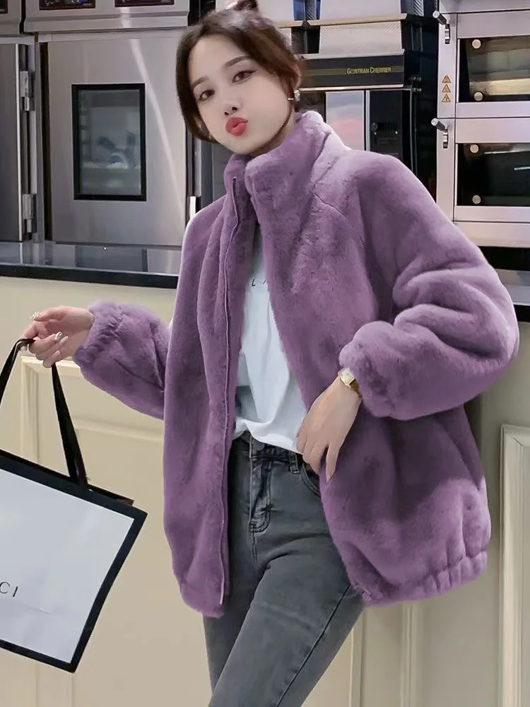 

Coral fleece hoodie women's autumn and winter double-sided fleece stand collar warm cardigan fur top