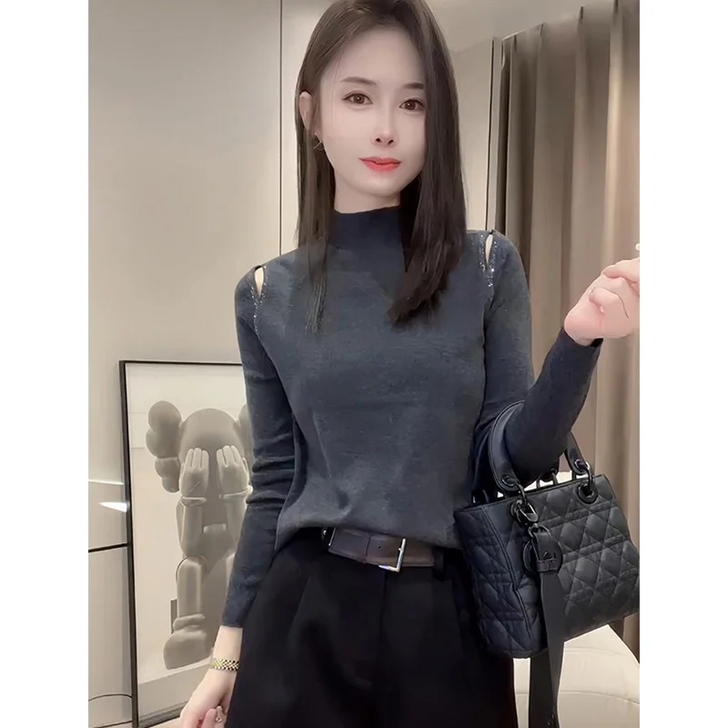 

Gray High Neck Long Sleeve Knitted Sweater Women's Autumn New Hollow out Inner Wear Base Shirt Commute Style Loose Fit