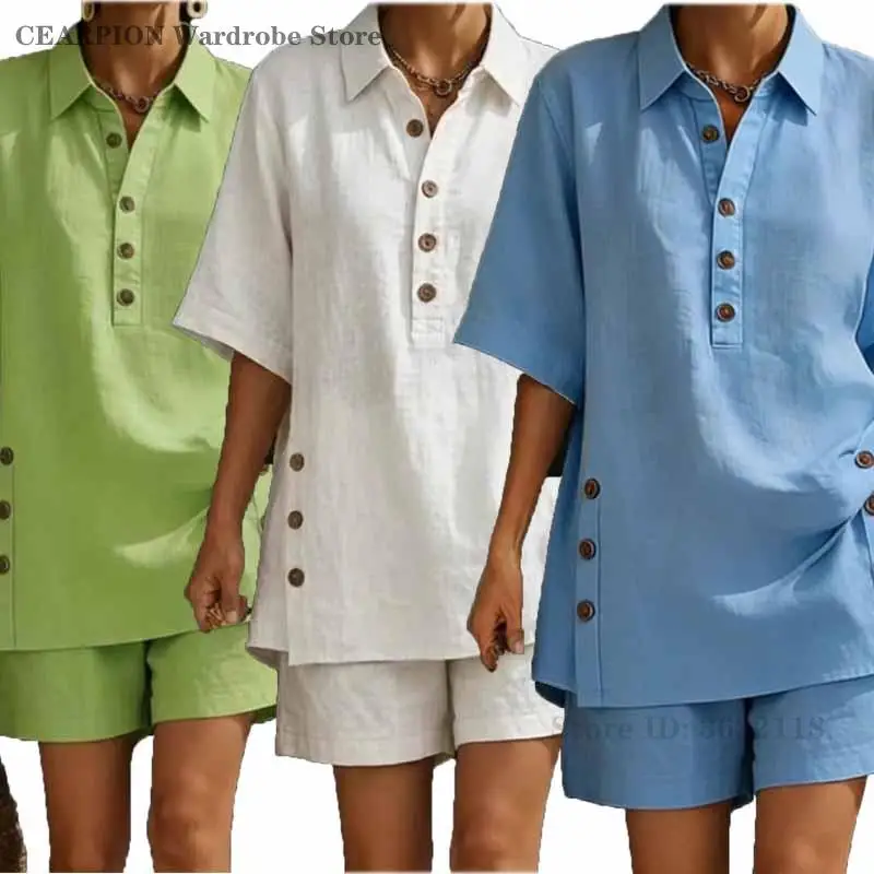 Plus Size 5Xl Solid 2 Pcs Shirt&shorts Casual Loose Lapel Top Simple Shorts Beach Summer Vacation Temperament Comfortable Suit