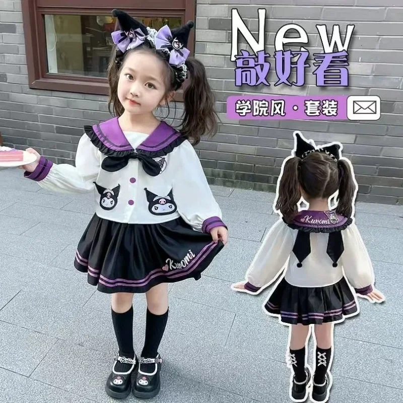 Kuromi Anime Sanrio JK Rock Shirt Set niedlichen Cartoon Kawaii Mode Langarm Plissee Kleid Kinder modische Kleidung Geschenke