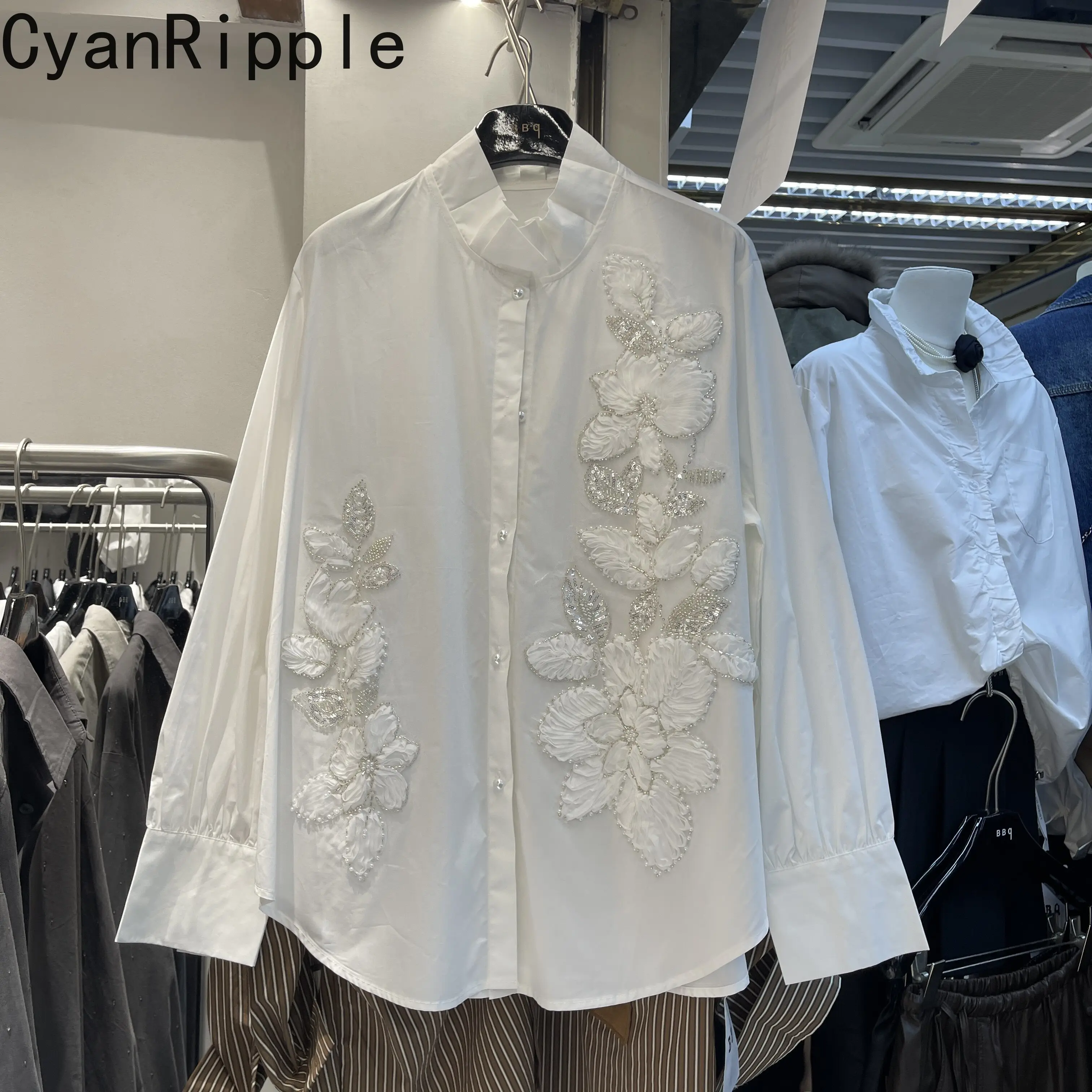 2026 New Autumn Stand Collar Long Sleeve Women Blouses Luxury Flowers Sequins Embroidery All-match Loose White Cardigans Shirt