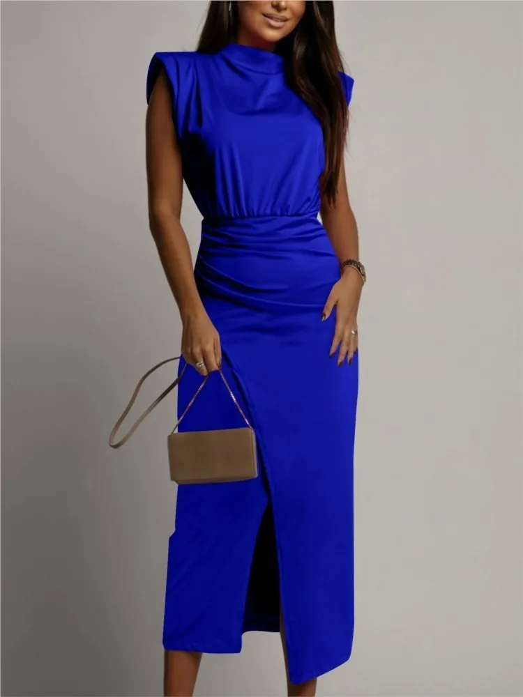 

Women's Elegant Solid Color Slim Long Dresses Office Ladies Hollow Out Sleeveless Waist A-line Half High Collar Pleated Dress