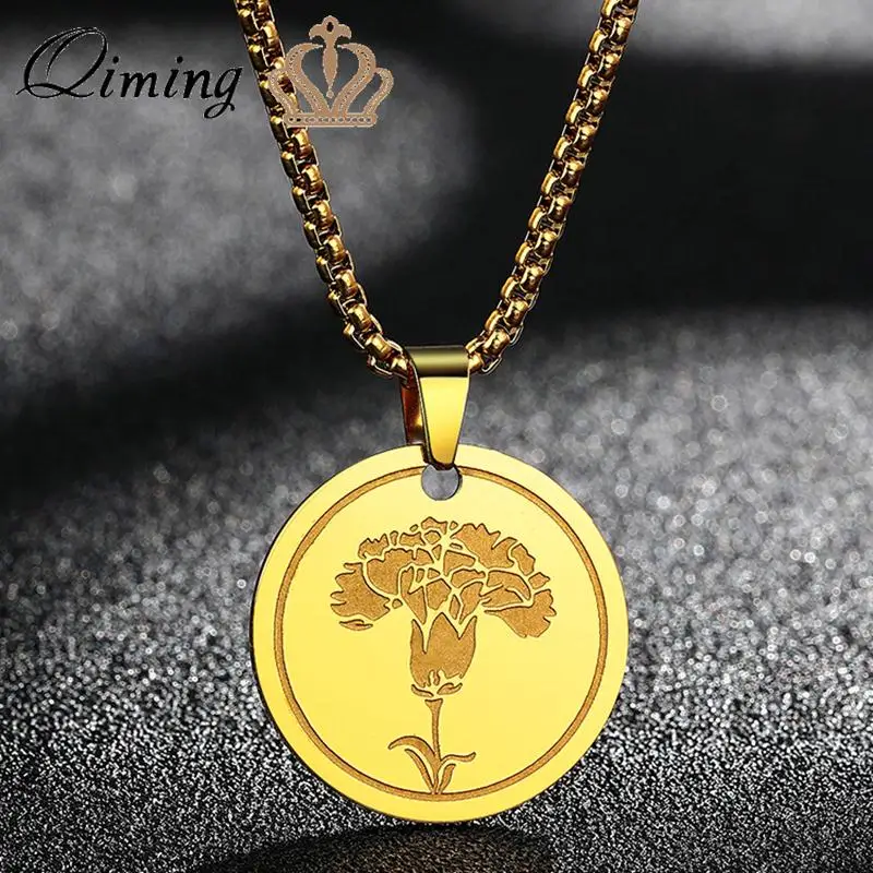 QIMING Stainless Steel Round Carnation Pendant Necklace Fashion Necklace for Men and Women Birthday Gift