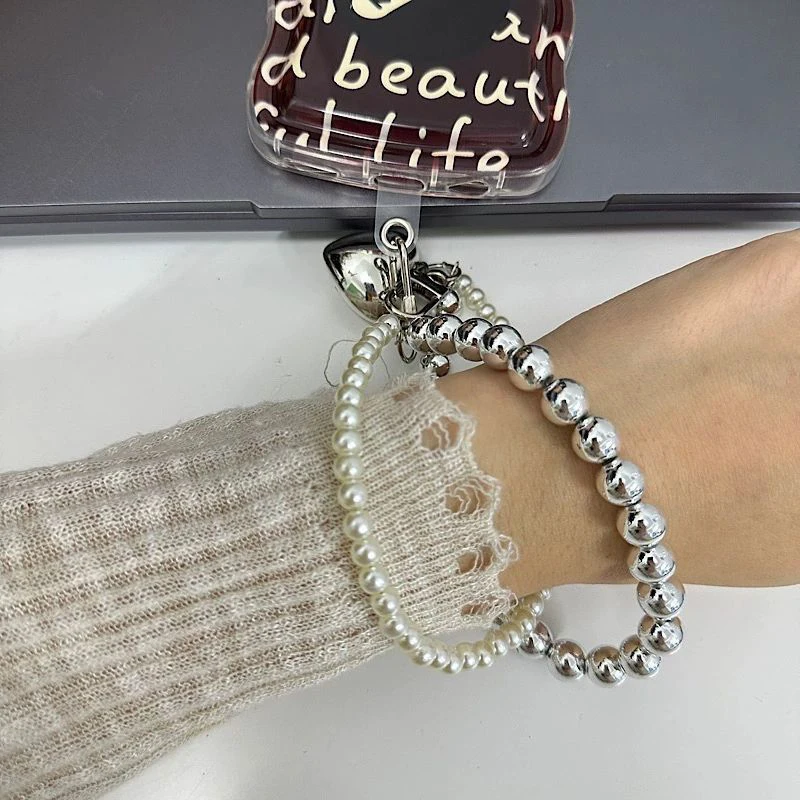 Luxury Pearl Beaded Love Charm Double Chain Mobile Phone Chain Cute Keychain Bag Pendant Camera Wrist Strap Anti-Lost Chain Gift