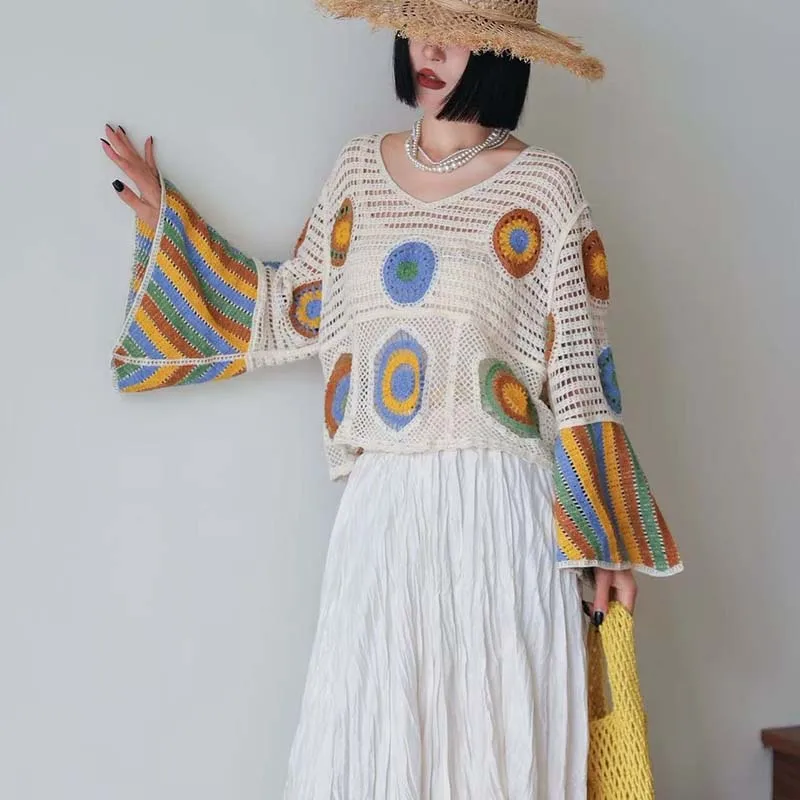 Boring Honey Autumn New Boho Retro Pullover Knit Top Hollow Out Crochet Color Block Tassel Sweater Vintage Knit Cardigan T-Shirt