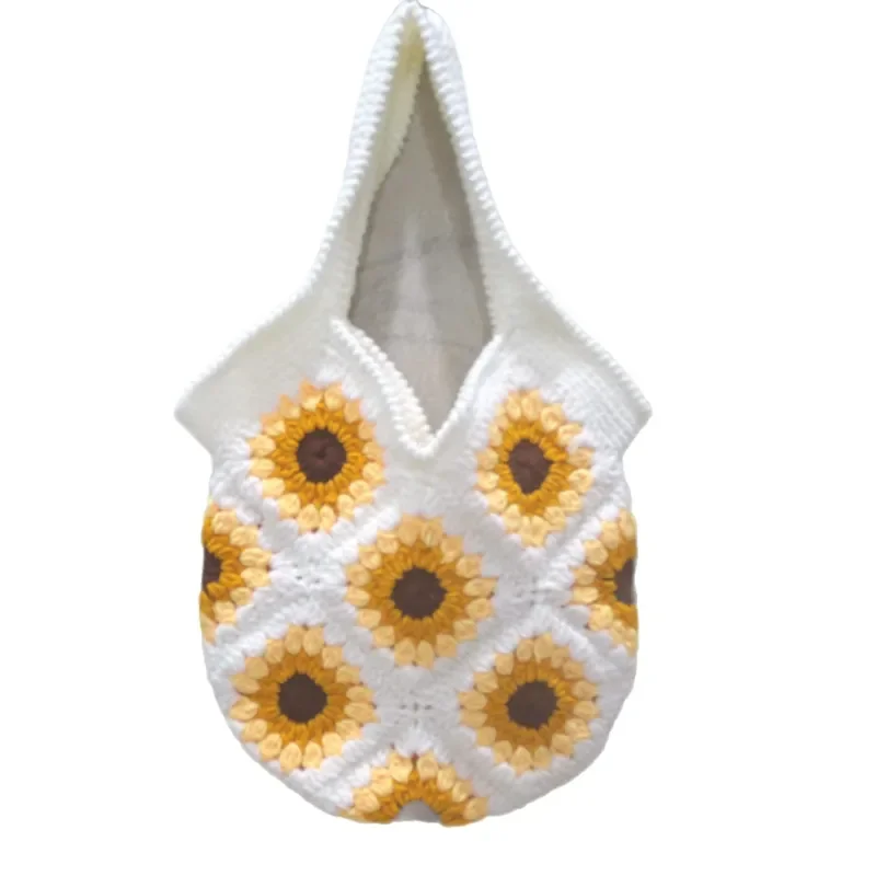 Sunflower-shaped handwoven straw handbag for women made of natural wool blend ideal for beach vacation and daily commuting view 5