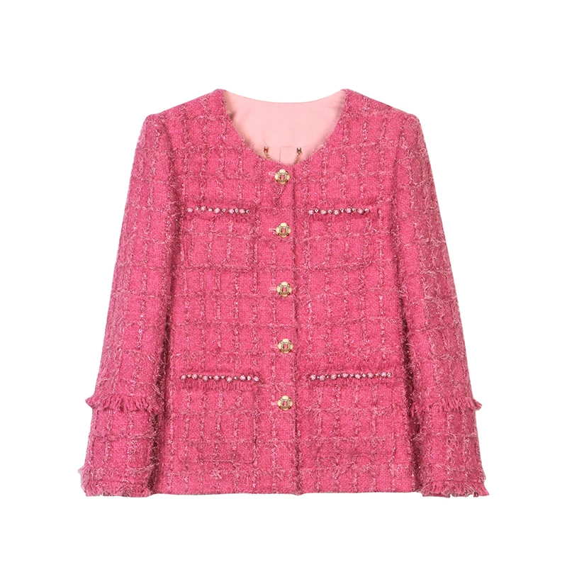 

New high-end heavy-duty handmade beaded tassel design woolen temperament small fragrance style pink age-reducing jacket