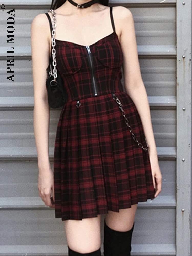 Gothic Girls Red Plaid Pleated Emo Alt Dress Y2K Zip Up Robe Femme Punk Black Spaghetti Strap Mini Short Jurken Goth Streetwear