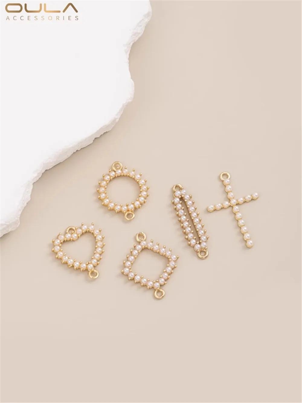 

14K Gold-Color Plated Small Pearl Heart Diamond-shaped Round Double Hanging Accessories Diy Bracelet Earrings Hanging Fittings