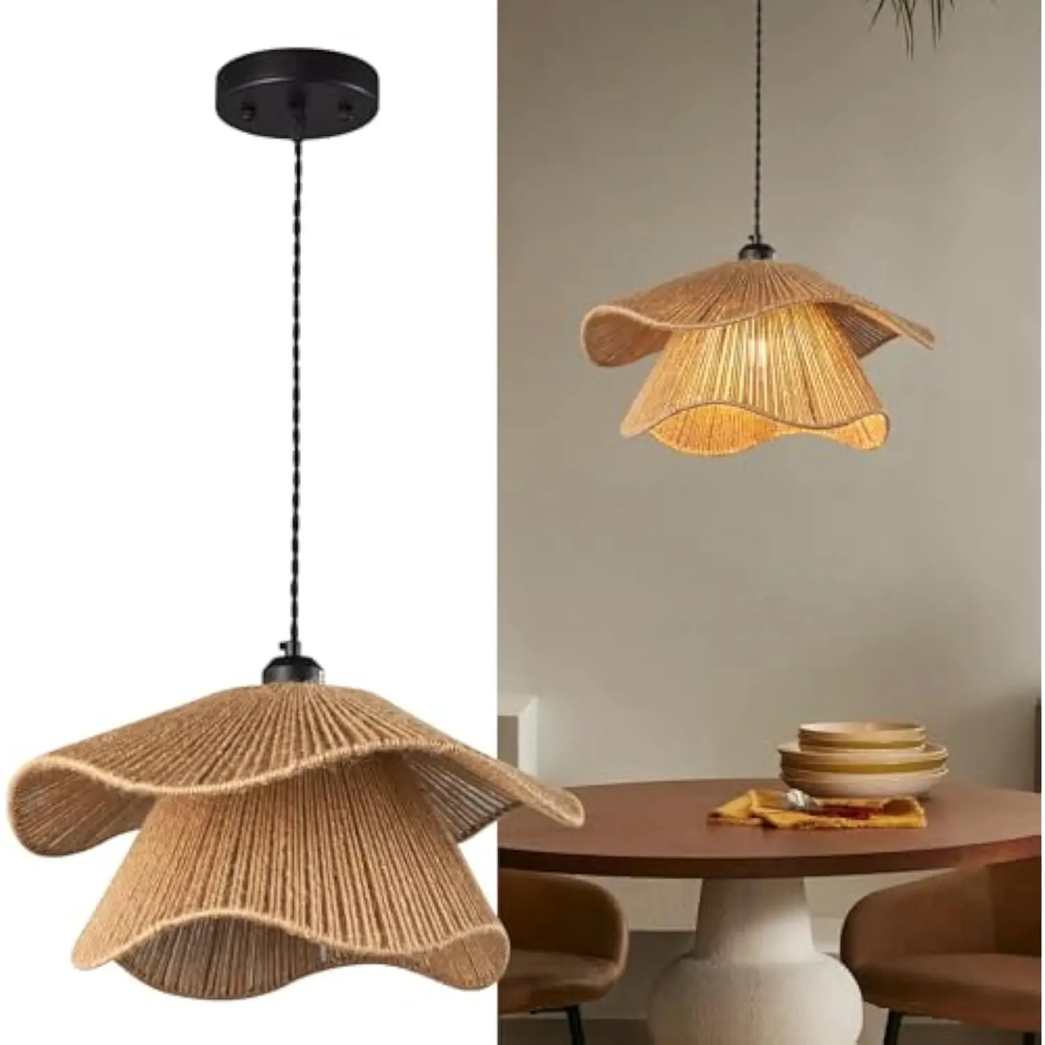 

Farmhouse Hand-Woven Rattan Pendant Light Fixture Bohemian Chandelier Woven Wicker Pendant Lighting for Kitchen Island, Dining