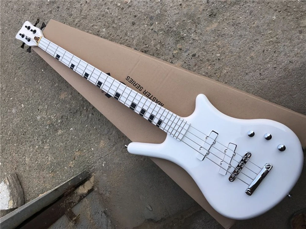 4 String White Neck-thru-Body Electric Bass Guitar with Black Inlay,Offer Customize