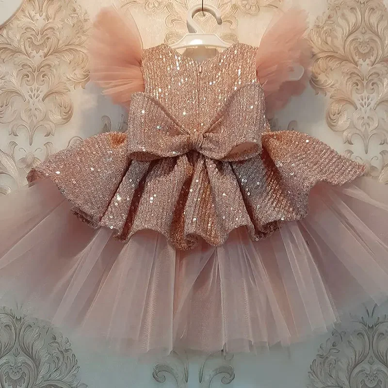 

Pink Sequin Flower Girl Dresses For Wedding O-neck Tiered Puffy Pleat Elegant Kids Ball Gowns Princess Birthday Party Dress