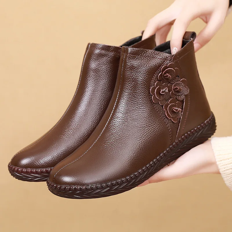 

Warm Fce Lined Leather Bot Cotton oes Soft Flat Anti-Slip Winter Boots for Women Comfortable ort Boots Casual Sle