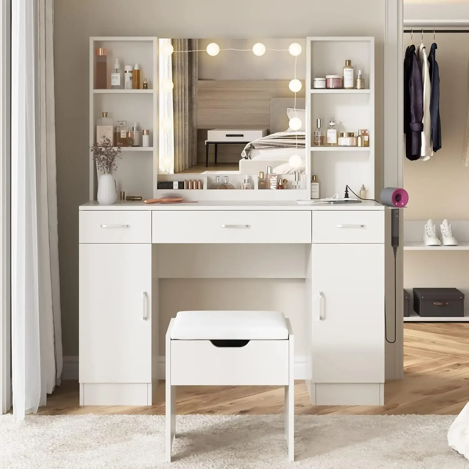 Makeup Vanity Table with Lighted Mirror & Power Strip, Large Vanity Set Vanity Desk with Lots Storage, 3 Lighting Modes