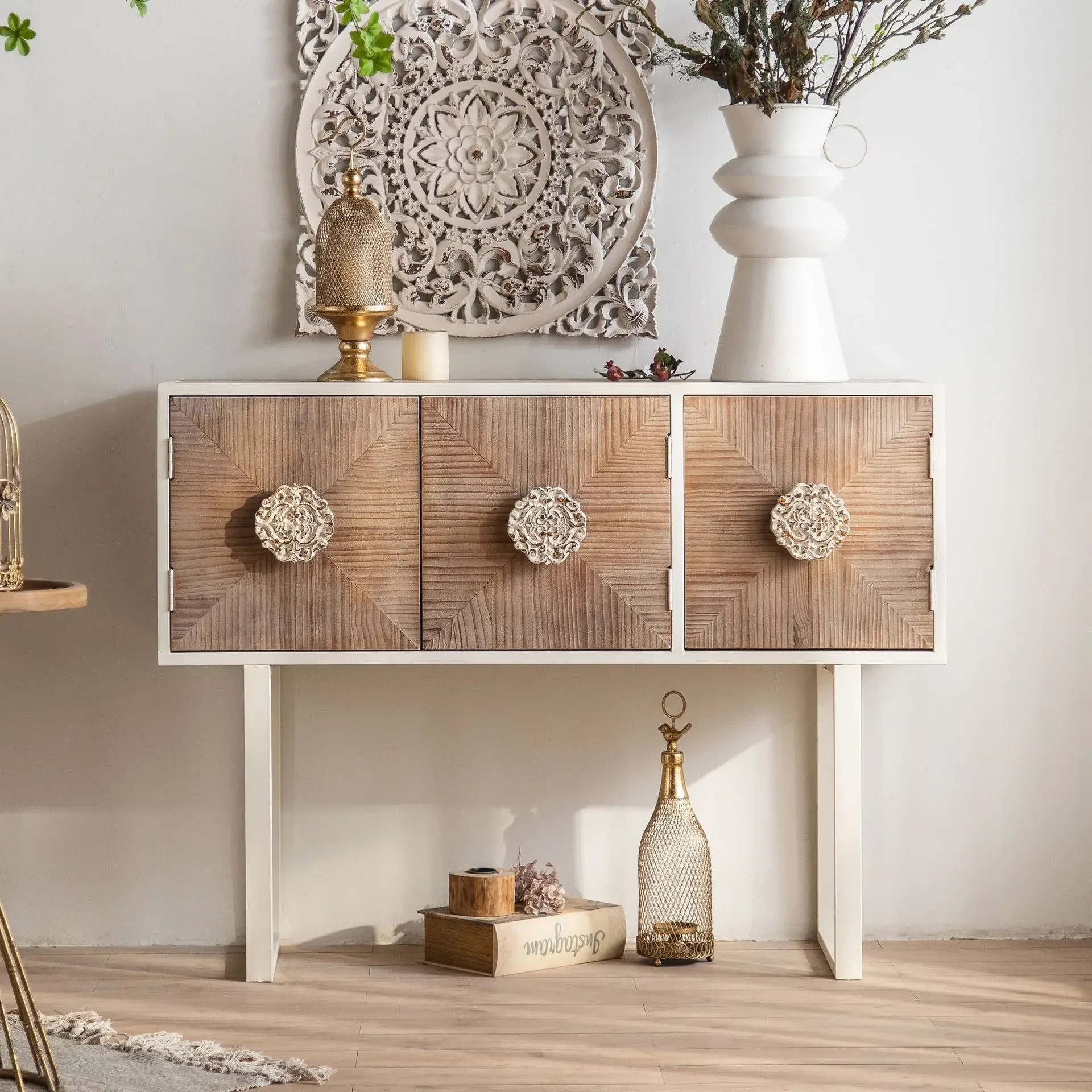 American retro solid wood minimalist entrance cabinet living room small apartment wall carved storage cabinet decoration